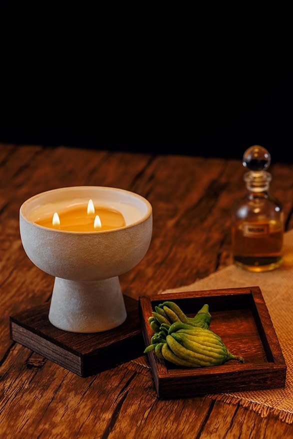 Blueme Nostalgia Candle | Bergamot & Musk | 3 Wick - Refillable Wellness Candle with Essential Oils, Hand Finished & Poured Soy Wax Blend Ceramic Vessel, Natural Cotton Wicks | Medium 12 oz