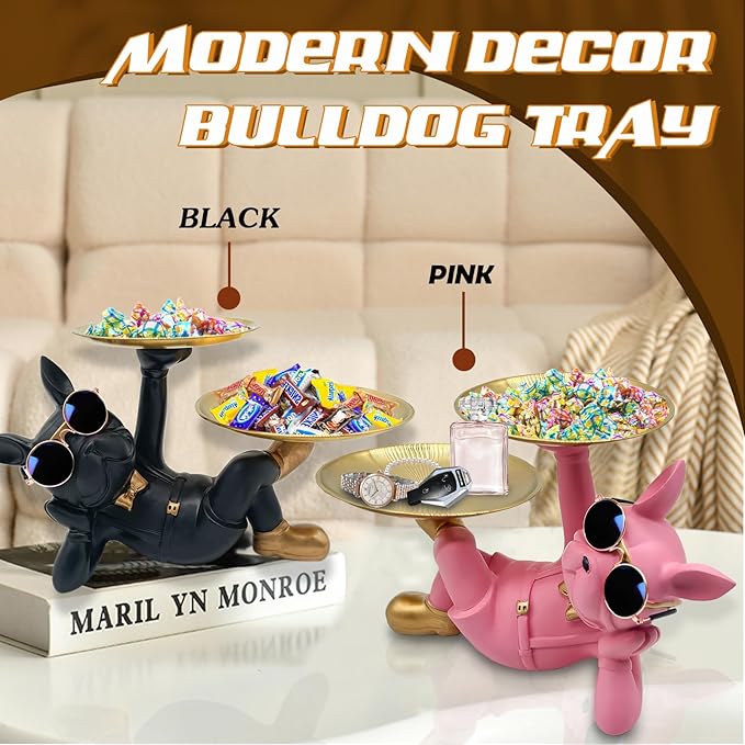 Resin French Bulldog Tray Statue, Lying Bulldog Candy Dish Key Holder Bowl, French Bulldog Accessories, Statues for Office Desk Home Decor Figurines Entryway Table Decor (Pink)