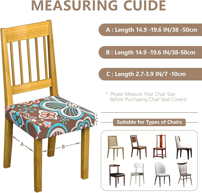 Stretch Dining Chair Seat Covers Set of 4,Dining Chair Slipcovers, Floral Printed Chair Covers,Soft Fabric Washable Upholstered Chair Seat Protector, No Rear Covers for Home Kitchen Dining Room