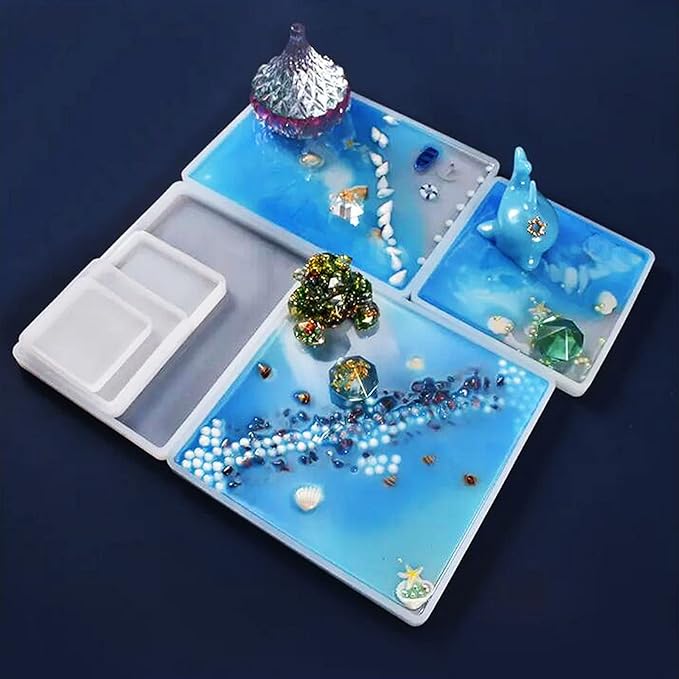Woohome Large Silicone Resin Tray Mold, 7.8×11.8 inch/ 5.9×9.8inch Rectangle Plate Epoxy Resin Casting Mold for DIY Faux Agate Tray, Serving Board, Coaster, Home Decor