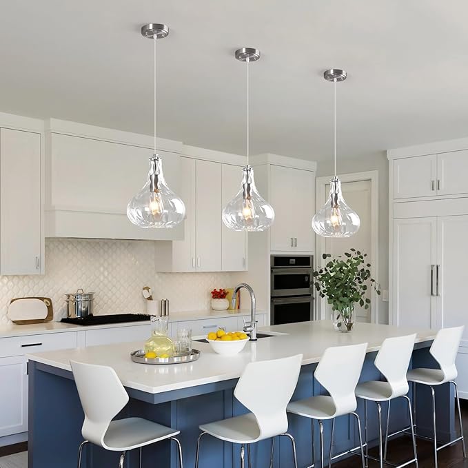 Modern Glass Pendant Light 9.44 in Clear Hammered Glass Shade Brushed Nickel Farmhouse Island Pendant Lights for Kitchen Pendant Lighting Over Sink Bedroom Dining Room