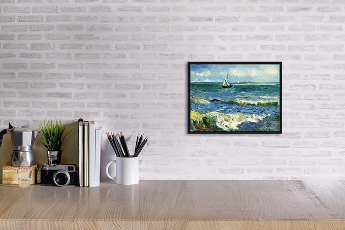 Wieco Art Framed Wall Art Canvas Prints Seascape at Saintes Maries by Vincent Van Gogh Modern Giclee Canvas Prints Sea Pictures on Canvas Wall Art for Living Room Home Decorations Black Frame