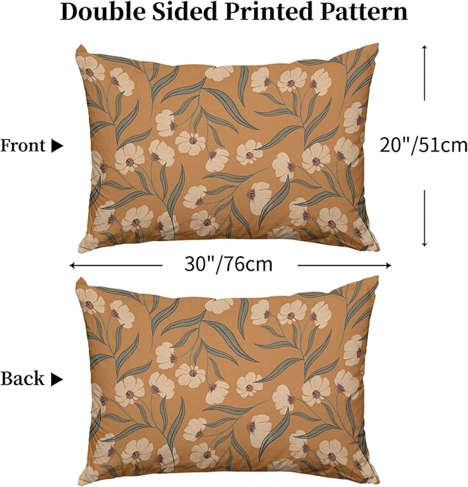 Boho Floral Pillow Protectors with Zipper Standard Size Vintage Botanical Leaf Pillow Covers Set of 2 Rustic Nature Wildflowers Pillow Cases Antique Midcentury Modern Bed Pillow Covers 20"x30" Orange