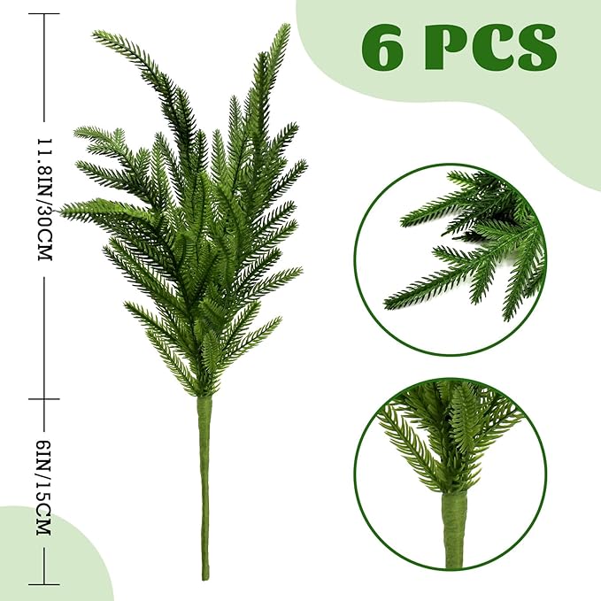 6 Pcs Norfolk Pine Stems Real Touch Norfolk Pine Branches Realistic Christmas Greenery Evergreen Stems for Decorating Christmas Indoor Home Decor