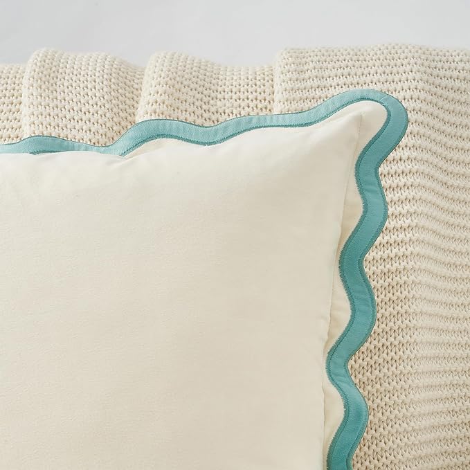 MONDAY MOOSE Decorative Throw Pillow Covers Cushion Cases, Set of 2 Soft Velvet Scalloped Wavy Edge Designs, Mix and Match for Home Decor, Pillow Inserts Not Included (18x18 inch, White/Light Blue)