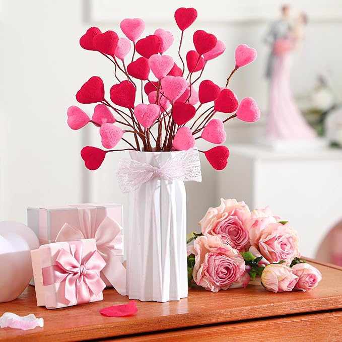 12pcs Valentine's Day Decoration Heart Shaped Artificial Berry Stems Valentines Picks Flower Bouquets Flocked Pink Red Decor for Valentine's Day Home Vase Table Centerpiece Tree Topper