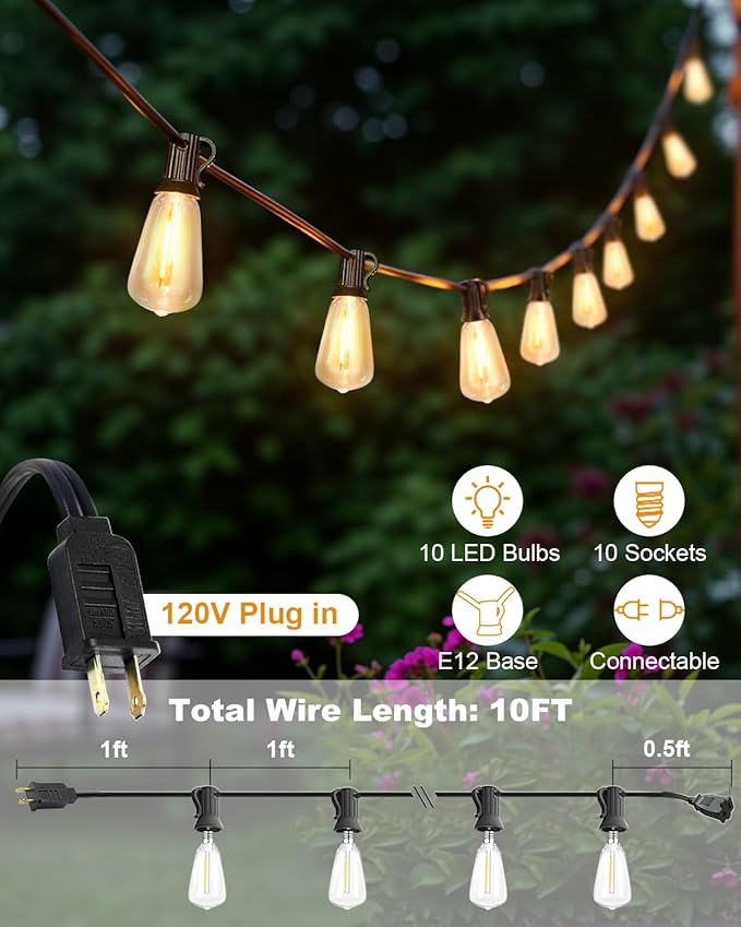 BRIMAX 10FT Outdoor String Lights with 10 Bulbs,ST38 1W Plastic LED Edison Bulbs, Shatterproof, Waterproof String Lights, Perfect for Bistro, Pergola, Backyard and Garden