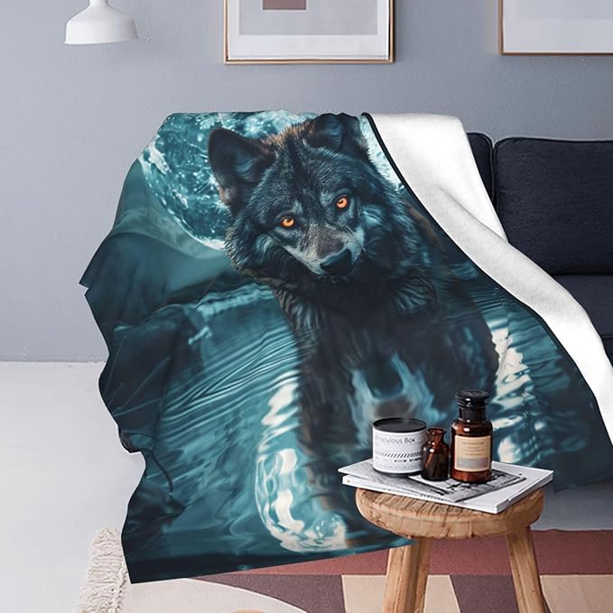 Wolf Moon Decor Throw Blanket - Super Cozy Plush Lightweight Soft Flannel Fleece Cool Blanket for Sofa Bed Couch - Gifts for Wolf Lovers Girls Boys Kids Women Men - 50"X60"