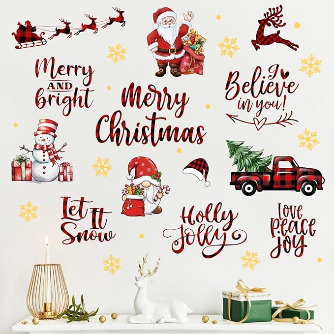 Mfault Merry Christmas Santa Claus Wall Decals Stickers, Xmas Gnome Truck Snowman Reindeer Let It Snow Decorations Bedroom Art, Winter Holiday Gold Snowflake Holly Jolly Home Living Room Kitchen Decor