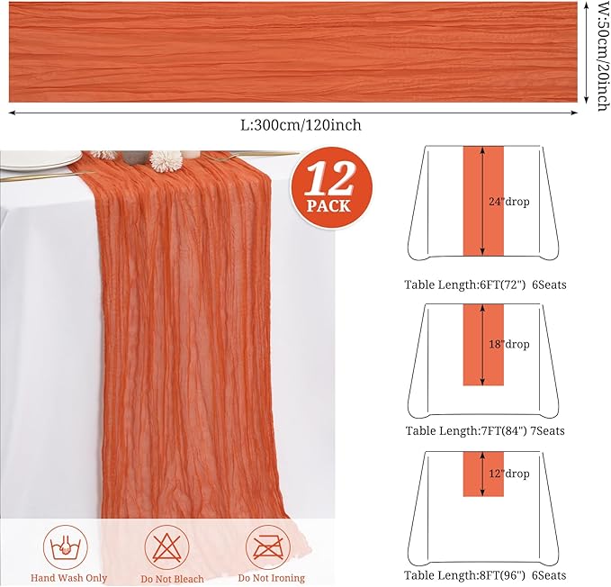 12 Pack Orange Cheesecloth Table Runner,10FT Gauze Boho Long Easter Cheesecloth Table Runners 20x120inch Rustic Cheese Cloth Table Runner for Wedding Party Bridal Shower Table Fall Decorations