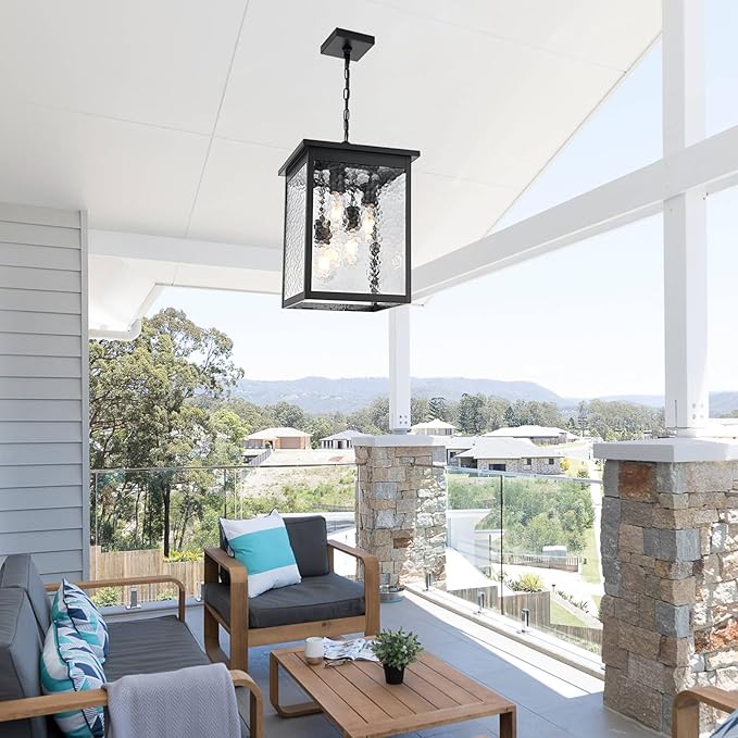 16.7'' Outdoor Pendant Lights for Porch, 4-Lights Black Exterior Pendant Light with Hammer Glass, Outdoor Porch Light Ceiling Mount Outdoor Hanging Light Fixture for Gazebo, Patio, Entryway