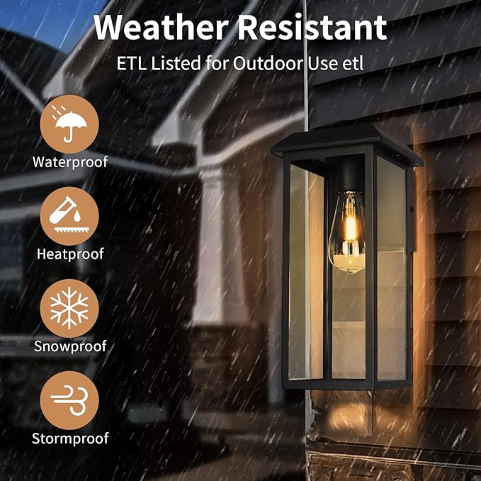 Solar Outdoor Wall Sconce Lights, Exterior Wall Light Fixtures Solar Powered, Anti-Rust Modern Contemporary Black Outside Lantern Lamps with Clear Glass for House Porch Doorway Patio,RZSR008A-2