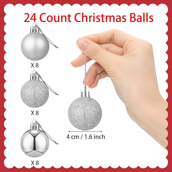24 Count Small Silver Ornaments for Mini Christmas Tree, Small Shatterproof Christmas Tree Ornaments Balls Party Decorations, 1.6 inch