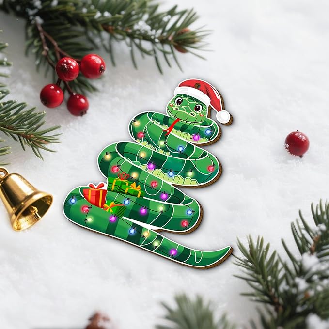 34HD Wooden Snake Christmas Ornament 2025 – Funny Holiday Tree Hanging Decor for Reptile Lovers, Animal Theme Xmas Gift for Kids Adults, Unique Wooden Snake Ornament for Her Him