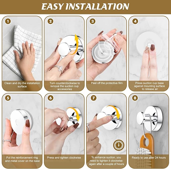 BKV Suction Cup Hooks for Glass Window,Removable Shower Hooks for Inside Shower,Metal Towel Hooks for Bathrooms,4 Pack(Mirror)