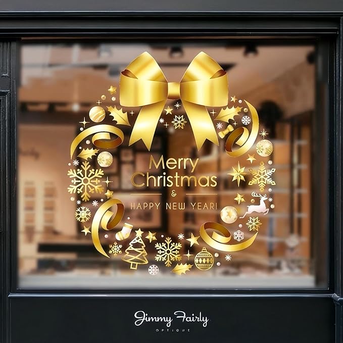 2Pcs XL Winter Golden Wreath Clings for News Years Whole Large Xmas Wreath Window Stickers Large DIY Static Wall Window Door Mural Showcase Decal Sticker-15.7x17 Inche