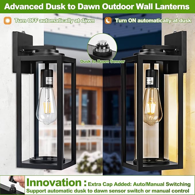 16 inch Dusk to Dawn Outdoor Wall Light - 2 Pack Exterior Waterproof Outside Lighting, Modern Porch Sconces, Wall Mounted Fixtures, Industrial Anti-Rust Matte Black Lantern for Front Door