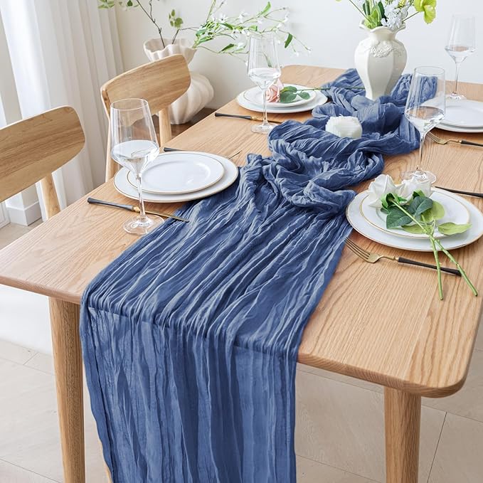 2PCS Table Runner Cheesecloth 10FT Blue Boho Gauze Cheese Cloth Rustic Sheer Table Runners for Wedding Birthday Bridal Baby Shower Party Decoration