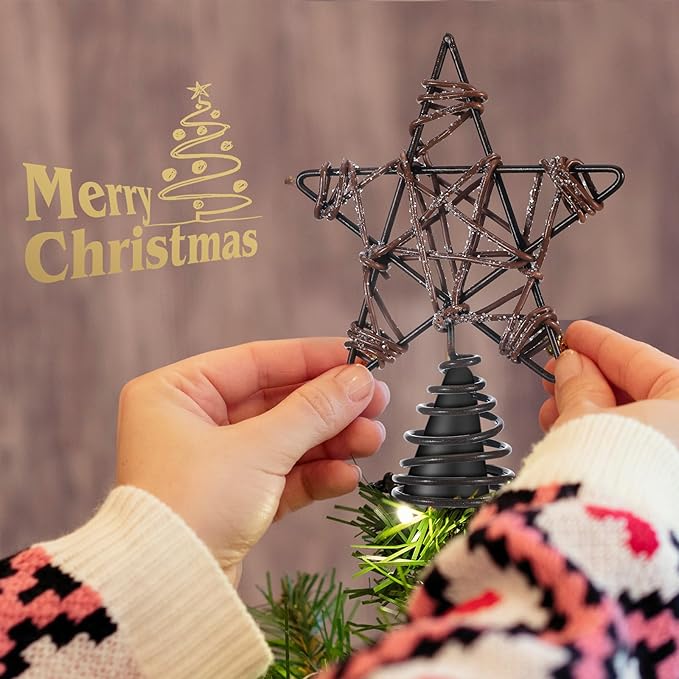 Lenwen Mini Christmas Star Tree Topper Wire Star Treetop Christmas Ornaments Decorative Metal Tree Topper for Home Office Xmas New Year Holiday Decoration(Golden)