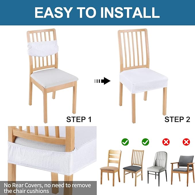 Smiry Waterproof Seat Covers for Dining Room Chairs Set of 4, Stretch Jacquard Removable Washable Chair Seat Slipcovers Protector, No Rear Covers, White