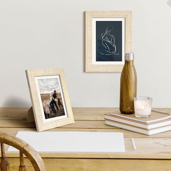 5x7 Picture Frame with Mat for 4x6, Natural Wood Grain 5 x 7 Picture Frames Display on Tabletop or Wall Mounting (4 Pack,Natural)