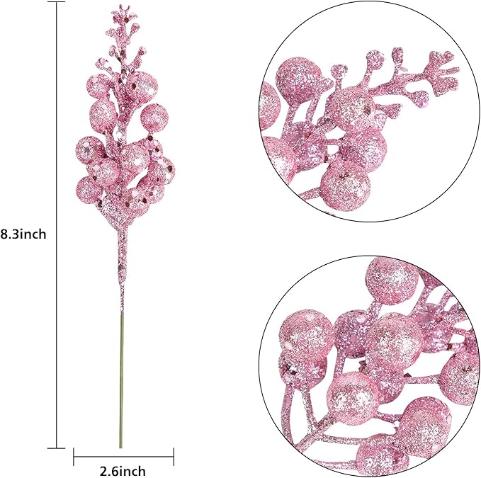 DearHouse 14 Pack Christmas Glitter Berries Stems, 7.8Inch Artificial Christmas Picks for Christmas Tree Ornaments, DIY Xmas Wreath, Crafts, Holiday and Home Decor (Pink)