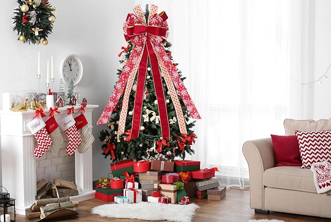 RECUTMS Red Christmas Bows Tree Topper Christmas Bow Wreaths with Snowflake Patterns Big Winter Xmas Bows for Holiday Party Seasonal Wreath Outdoor Indoor Xmas Decorations