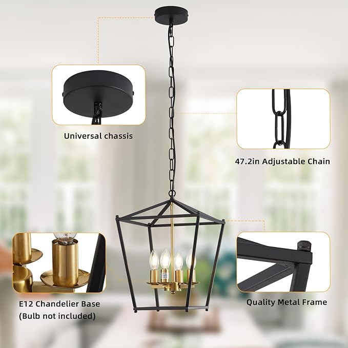 Rustic Lantern Chandeliers 4-Light Ceiling Cage Hanging Lights Black and Gold Pendant Light Fixtures for Kitchen Island Dining Room Farmhouse Entryway Foyer