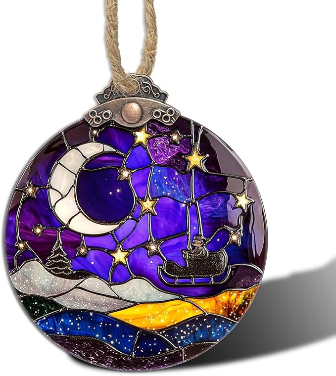 Stained Glass Christmas Decorations,Purple Night Scene with Stars Moon Suncatcher for Window Christmas Tree Hanging Ornaments Sun Catcher Xmas Decor Gifts for Women Men Mom Nana Friend