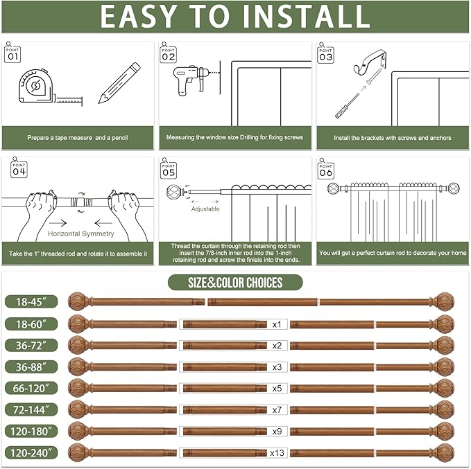 Wood Curtain Rods 66 to 120 Inch,1 Inch Adjustable Long Curtain Rod,Netted Wooden Window Curtain Rods,Farmhouse Rustic Heavy Duty Brown Wood Grain Decorative Drapery Rods 66-120"