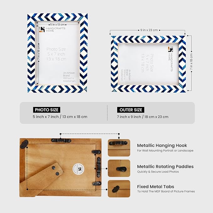 Handicrafts Home Chevron Mosaic Picture Frame – Handmade Bone Inlay 4 by 6 Photo Frame for Tabletop & Wall Decor, Home Decor, Boho Chic Coastal Farmhouse Frame, Colorful Desk & Shelf Decor- Blue White