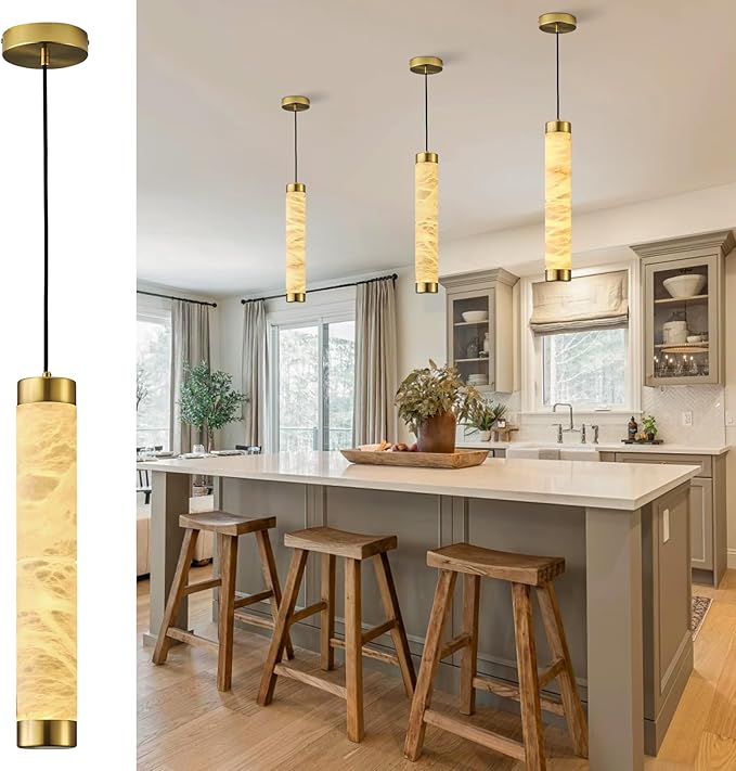 20" Natural Alabaster Pendant Light, Marble Cylinder Brass Pendant Lights, Natural Adjustable Modern Ceiling Light Fixtures for Kitchen Island, Dining Room, Bedroom, Bathroom, Living Room