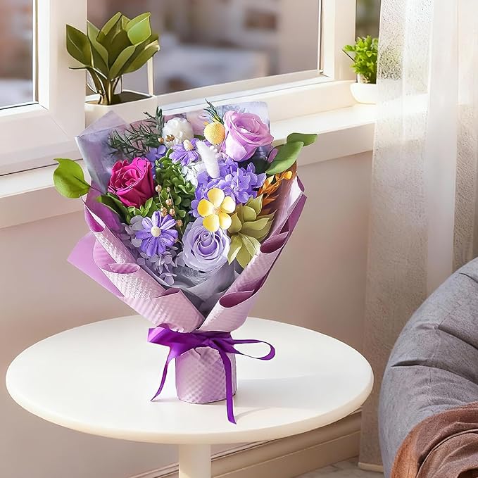 Sen Flora Preserved Flowers Bouquet, 3-Piece Eternal Purple Roses Mixed Bouquet, Real Forever Flowers for Delivery, Long Lasting Flower Gifts for Her