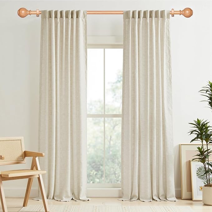 Wood Curtain Rods for Windows 66 to 120 Inches,1 inch Heavy Duty Window Curtain Rods with Imitation Wooden Grain Finials,Decorative Drapery Rods Adjustable, 28"-120"(2.3-10ft), Natural Wood
