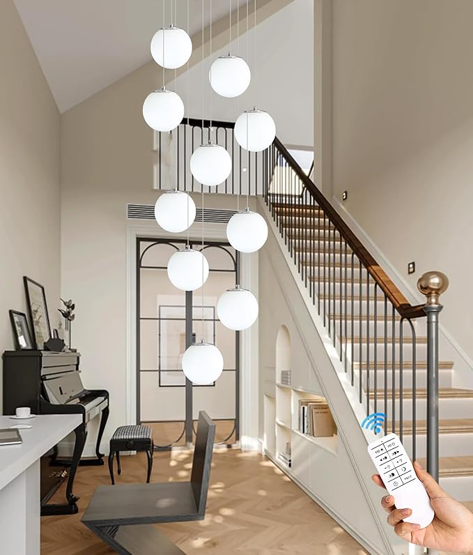 LED Staircase Chandelier Glass Globe Pendant Light Chrome Large Chandeliers for High Ceiling,10-Lights Hanging Flush Mount Lighting Fixtures for Foyer,Entryway,Living Room