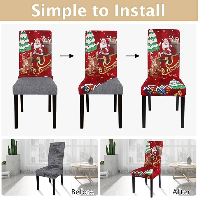 SearchI Christmas Chair Covers Set of 6, Stretch Xmas Kitchen Chair Cover Removable Washable Holiday Parsons Chair Slipcovers for Dining Room, Christmas Decoration, Ceremony(Santa Claus+Elk)