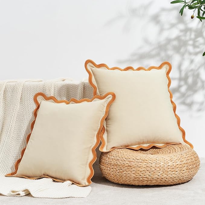 MONDAY MOOSE Decorative Throw Pillow Covers Cushion Cases, Set of 2 Soft Velvet Scalloped Wavy Edge Designs, Mix and Match for Home Decor, Pillow Inserts Not Included (16x16 inch, Honey/Cream)