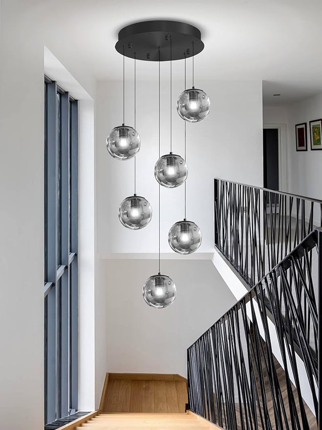 6-Light Globe Glass Pendant Light Modern Smoke Gray Glass Globe Chandelier Large Chandeliers for High Ceilings Entryway Adjustable Hanging Light for Living Room Foyer Hallway