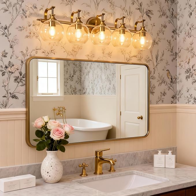 ANDY STAR Brushed Gold Bathroom Light Fixtures, 5-Light Vanity Lights for Mirror, 35 Inch Modern Wall Sconces Lighting with Globe Clear Shade Up or Down Wall Mounted for Bedroom, Living Room, Hallway