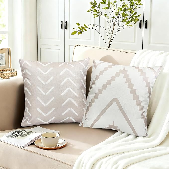 Decorative Throw Pillow Covers 20x20 inch Set of 4 Light Khaki Pillow Covers for Couch Sofa Living Room,Farmhouse Outdoor Throw Pillow Cover,Modern Geometric Linen Square Throw Pillow Cases