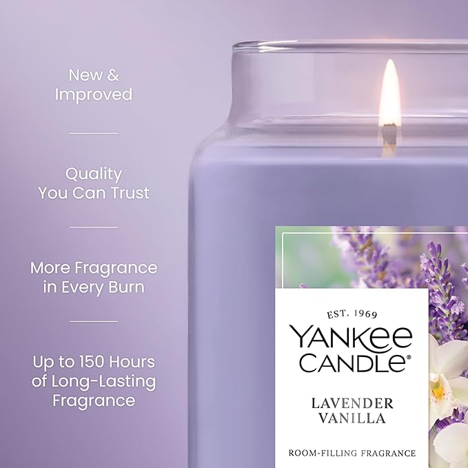 Yankee Candle Lavender Vanilla, Scented Candle, 22oz Large Jar with up to 150 Hour Burn Time, Giftable