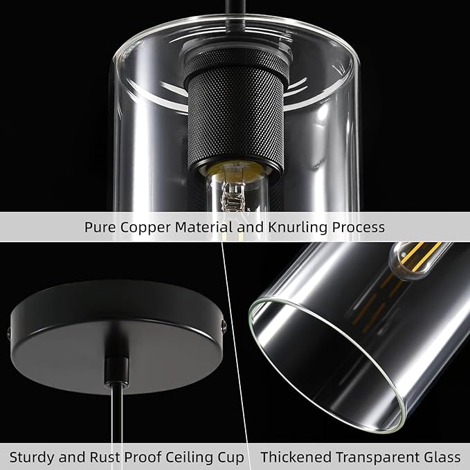 Matte Black Glass Pendant Light: Seeded Clear Glass Pendant Light over Kitchen Island set of 2 - Minimalist Hanging Lights with Short Tube - Height Adjustable Pendants Lighting Fixture for Dining Room