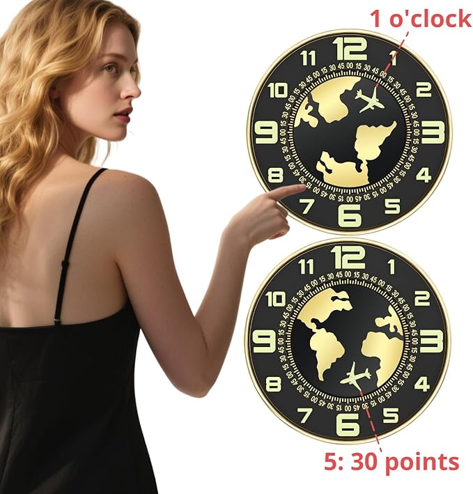 Wall Clock 12 Inch Battery PoweredNonTickingLuminousMetalFrame Simulating Earth's RotationAirplane PointerBedroomBathroomClassroomKitchenGarageNovelty Wall Clock