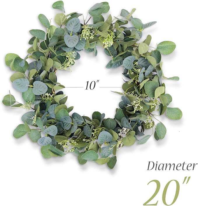 Eucalyptus Wreaths for Front Door 20", Handmade Green Leaves Wreath for Summer, Spring and All Seasons, Greenery Floral Wreath for Wall and Outside