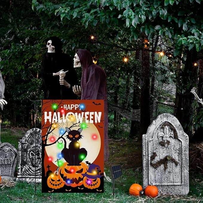 Happy Halloween Garden Flag with Lights, 12x18 in Solar Double Sided Pumpkin Cat Yard Flags, Halloween Outdoor Decorations for Patio, Lawn