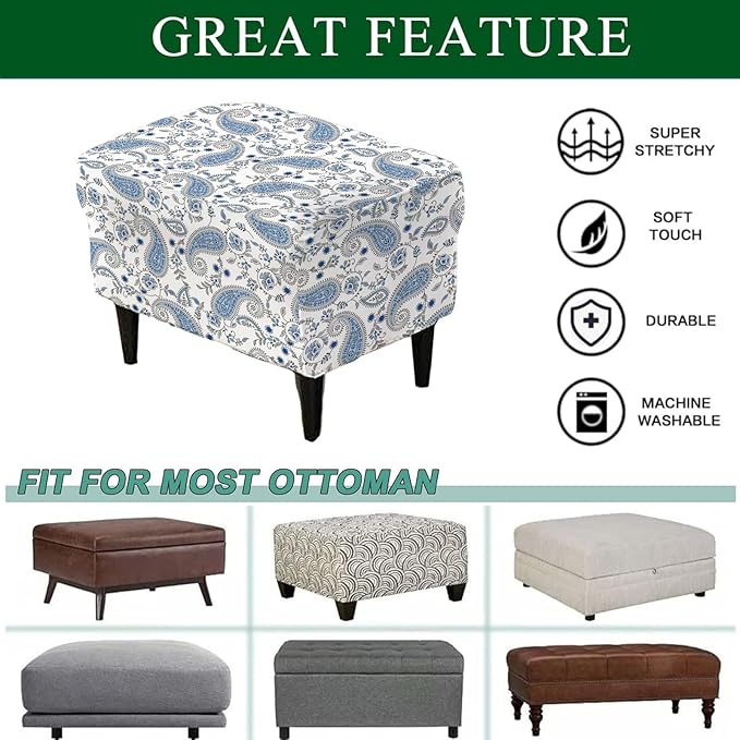 CRFATOP Ottoman Chair Cover Large Ottoman Chair Slipcovers Printed Rectangle Storage Stool Cover Stretch Footstool Footrest Furniture Protector for Bar Counter Living Room,C14