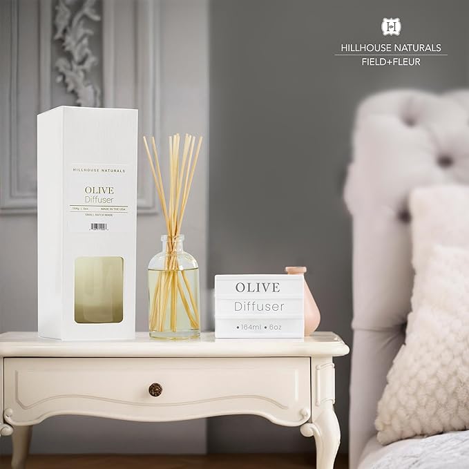 Hillhouse Naturals Reed Diffuser Set - Olive Scent Diffuser - Reed Diffusers for Home with Long Lasting Fragrance – 6 oz Oil – Diffuse Time 4-6 Months – Made in The USA