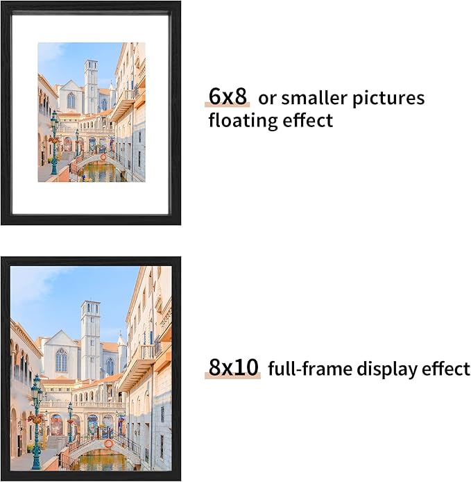 8x10 Floating Picture Frame Set of 2, Double Glass Photo Frame Wooden Frame for Wall Mount or Tabletop Displays for 4x6, 5x7, 6x8 inch Pictures, Plane Edge Frames, Black