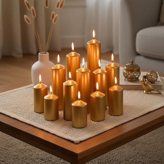 36 Pcs Gold Pillar Candles Bulk Set，Hurricane Candles，3 Different Lengths (12 Each)，Dripless Unscented Smokeless，Suitable for Decorating Christmas, Weddings, and Other Events！