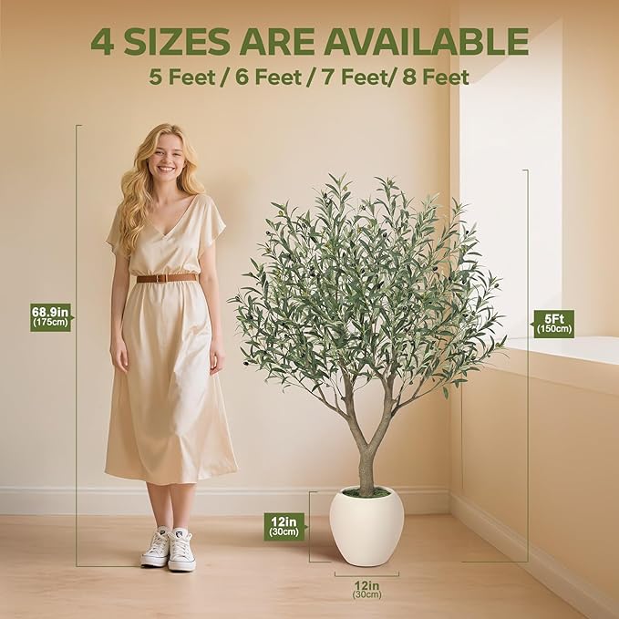 Olive Trees Artificial Indoor,5Ft Large Faux Plants,Tall Fake Tree with 12in White Round Planter,Full & Lush Faux Olive Tree for Home Decor Living Room, Office or Bedroom,Housewarming